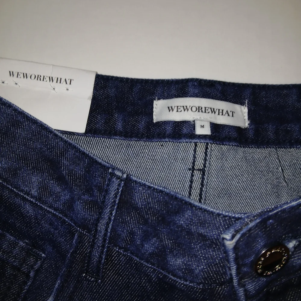WeWoreWhat Denim Midi Skirt With Front Split, Cotton, Dark Blue Wash